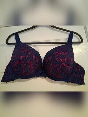 Torrid Navy Lace Push-Up Bra with Pink Lining, Size 40D